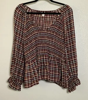 Burgundy Multicolor Plaid Tartan Country Cowgirl Smocked Peasant‎ Blouse 18/20W thumbnail 1