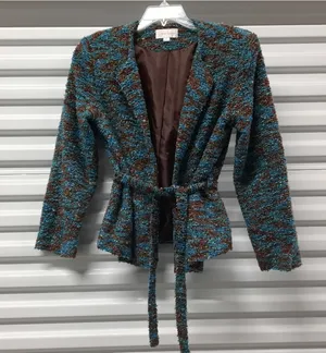 Erin London Jacket Women's Medium Brown Blue Long Sleeve Fuzzy Belted Blazer thumbnail 1