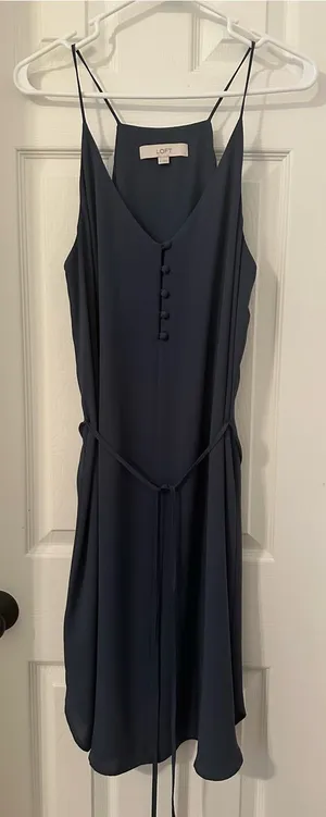 LOFT Dark Navy Slip Midi Dress with Tie Waist thumbnail 1