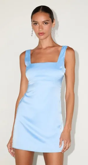 NWT Lulus Truly the Cutest Light Blue Satin Square Neck Mini Dress Party Size XS thumbnail 1