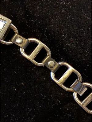 Vintage Women's Watch Silver Tone Rectangular Black Leather Stirrup Links thumbnail 2