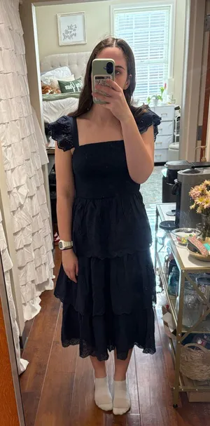 lulus‎ navy eyelet smocked dress tiered ruffles EUC thumbnail 1