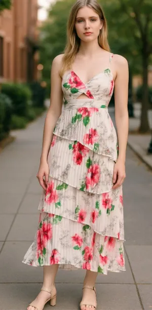 NWT Abercrombie & Fitch A&F Giselle Pleated Tiered Maxi Dress Satin White Floral thumbnail 1