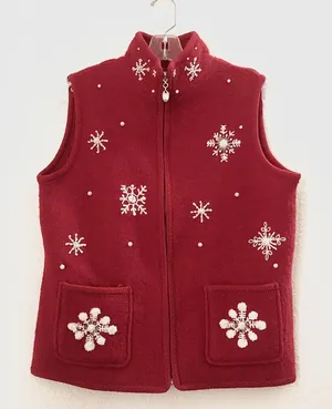 NWT Red white snowflake bedazzled pearl rhinestone Christmas seasonal festive sweater vest cardigan-100% Boiled Wool Size M thumbnail 1