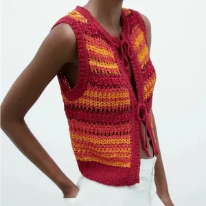 Zara Tie Front Bows tank top knit crochet red orange ganni trendy summer coverup thumbnail 2
