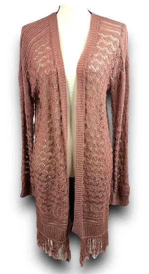 Boho Chic Open Knit Long Cardigan Fringe Trim Lightweight Mauve Small Medium thumbnail 1