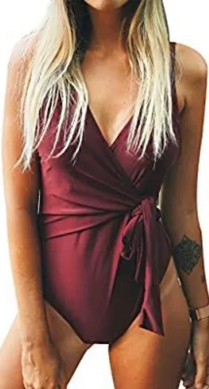 Glowbeam Burgundy Side Tie Plunge Neckline One Piece Swimsuit thumbnail 1
