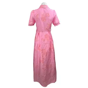 Women's Floral Jacquard Short Sleeve Button Up A Line Maxi Shirt Dress Size S thumbnail 2