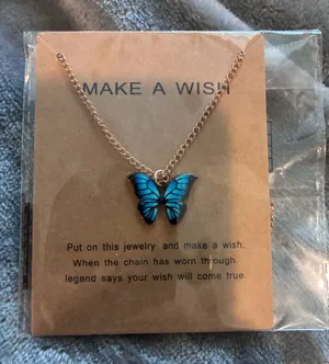 "Make a Wish" Blue Butterfly Pendant Necklace. Gold thumbnail 1