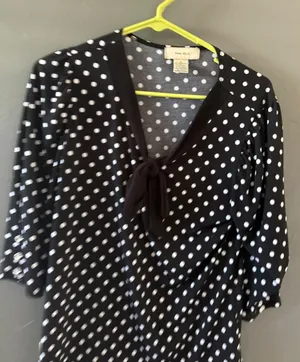 Diana Belle Womens Black White Polka Dot Tie Neck 3/4 Sleeve Blouse Top‎ Size S thumbnail 1