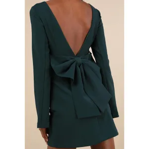 NEW Lulus Elegant Cutie Emerald Bow Bell-Style Long Sleeve Backless Mini Dress thumbnail 2