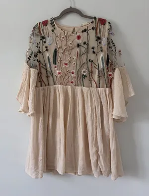 Altar’d State Cream Floral Embroidered Fairycore Whimsical Bell Sleeve Dress L thumbnail 1