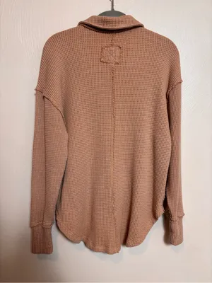 Aerie Women’s Shirt Top Waffle V Neck Oversized Tan Cotton Blend Size XXS thumbnail 5