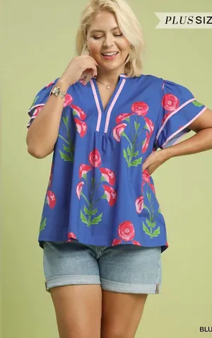 New! Umgee Cotton Plus Size Blue Floral V-Neck Women’s Top Size 2X thumbnail 1