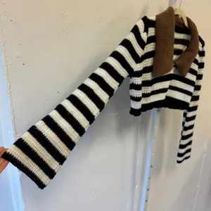 Storets Black White Striped Cropped Cardigan Brown Collar S/M Contemporary thumbnail 3