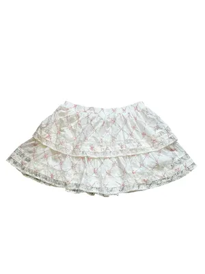 Francesca’s White & Pink Bow Print Ruffle Lace Trim Mini Skirt Feminine Cottage thumbnail 3