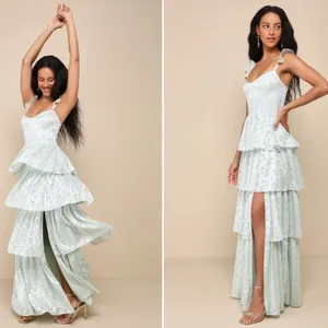 LULU's Flirty Floral Roses Prom Wedding Formal Event Sexy Tiered Ruffles Maxi thumbnail 4