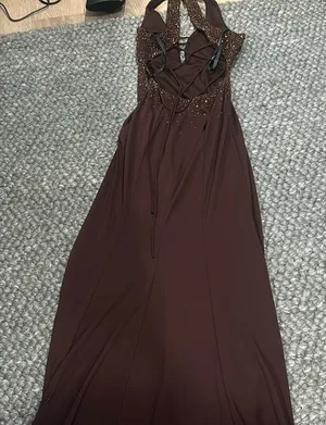 Cum Cum by Niki Livas Brown Satin Beaded Maxi Party Dress thumbnail 1