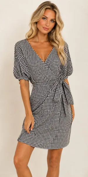 Elliott & Vine 1X Gingham Wrap Dress Cottagecore Puff Sleeves Belted Black White thumbnail 1