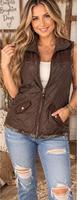 CAbi Chocolate Brown Quilted Sleeveless Vest thumbnail 1