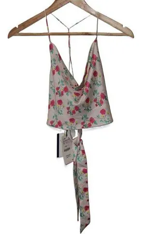 NWT Womens Zara Pink Floral Spaghetti Strap Back Tie Crop Top Halter Tank Size S thumbnail 1