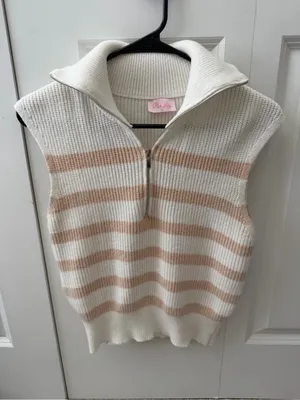 Pink Lily Striped Knit Half-Zip Sweater Vest Cream Beige Preppy Fisherman thumbnail 1