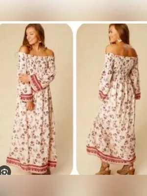 Altar'd State White Off-Shoulder Floral Maxi Dress with Pink Border thumbnail 2