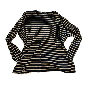 Lauren Ralph Lauren Black Gold Metallic Striped Long Sleeve‎ Pocket Top LRL thumbnail 1