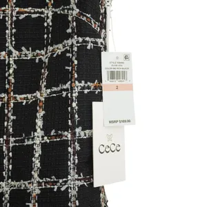 CeCe Size 2 Black Plaid Tweed Shift Dress Bow Neck Fringe NWT Career Chic‎ City thumbnail 4