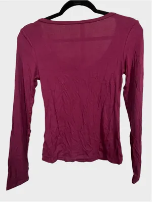 Halara Ribbed Henley Neck Long Sleeve Slim Casual T-Shirt Maroon Banner Size S thumbnail 4