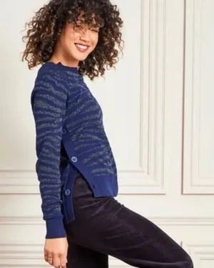 Stella & Dot NEW Women’s Side Button Sweater Navy Blue Zebra‎ Metallic Size M thumbnail 1