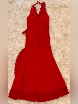 NEW Dress The Population Kathleen Ruffle Halter Gown with Train Rogue Red Sz S thumbnail 10