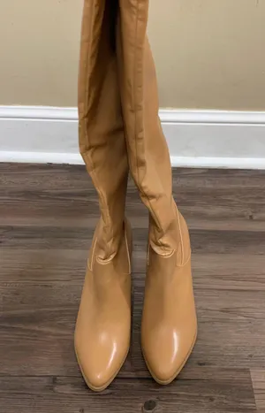 Tan Vegan Leather Heeled Stovepipe Boots thumbnail 6