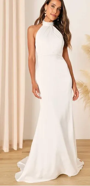 Lulus Eternity Together White Satin Halter Mermaid Maxi Dress Size Large Bridal thumbnail 1