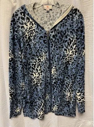 Quacker Factory Blue Leopard Print Full Zip Up Hoodie Size M Sparkle Embellished‎ thumbnail 1