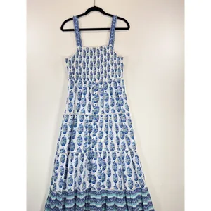 Playa Lucila Maxi Dress Blue Smock Border Tiered Sleeveless Sundress Boho Large thumbnail 5