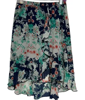 By & By Women's Blue Floral High Low Ruffed Front Skirt Elastic Waist‎ Size L thumbnail 1