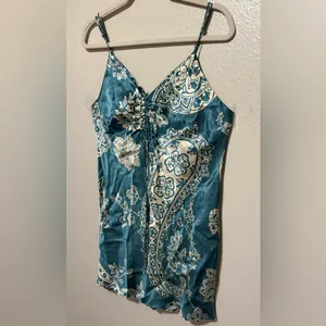 Zara Teal Satin Paisley Ruched Mini Dress Large Adjustable Straps thumbnail 4