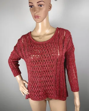 Red/Orange Crochet Knit Sweater Women's Open Weave Boat Neck 3/4 Sleeve‎ thumbnail 1