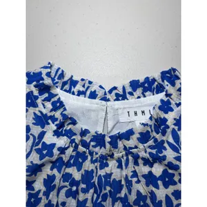 THML Anthropologie XL Blue White Floral Tiered Babydoll Dress Pink Pom Pom Trim thumbnail 9