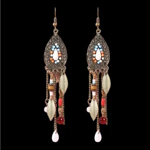 Boho Vintage Style Beaded Fringe Dangle Chain Feather Earrings *Faux Fashion Je thumbnail 3