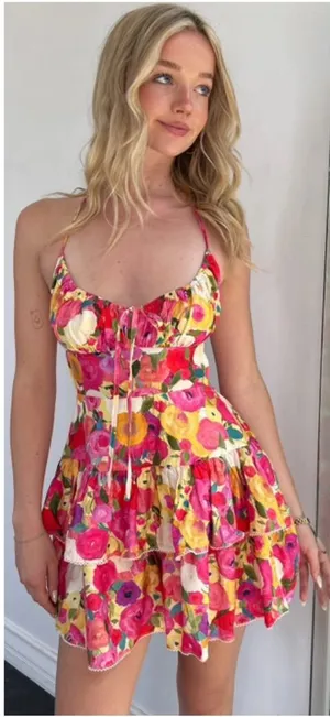 Luxxel Pink Yellow Floral Tiered Ruffle Romper Open Back Lace Up Size Medium thumbnail 1