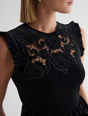 EXPRESS Velvet Crew Neck Lace Embroidered Peplum Top thumbnail 2