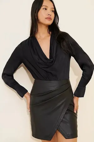 Maeve Plunge Vegan Leather Dress Women 0 Black Cowl Neck Mini Moto‎ Goth Sexy thumbnail 1