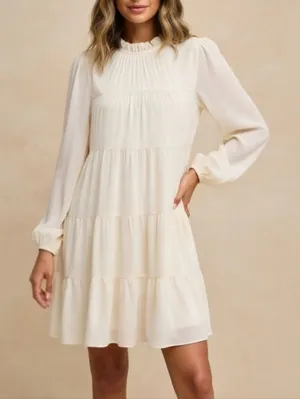 Babydoll Mock Neck Long Sleeve Tiered Mini Dress Cream Womens Size M Victorian thumbnail 1