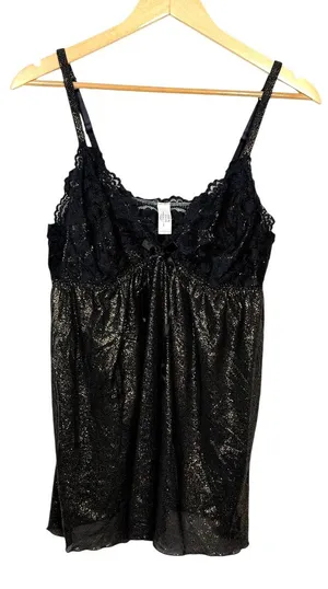 Cabernet Babydoll Tank Top Size XL Black Gold Floral Lace Metallic Lingerie Sexy thumbnail 1