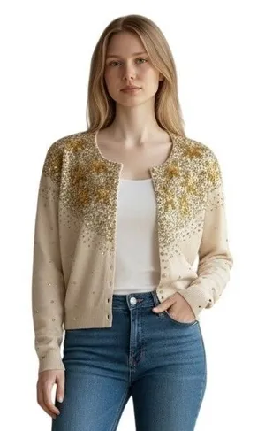 Moda International Cardigan Womens M Beige Silk Sequin Beaded Star thumbnail 1