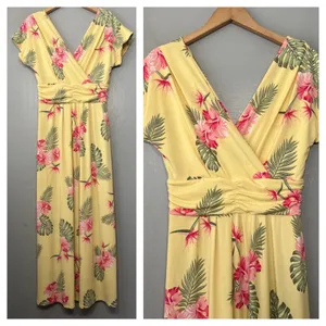 IMAN Maxi Dress Size Medium Petite Yellow Tropical Floral Summer Vacation Resort thumbnail 2