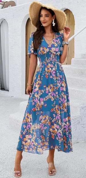 NWT Blue Floral V-Neck Maxi Dress, Size Medium thumbnail 1