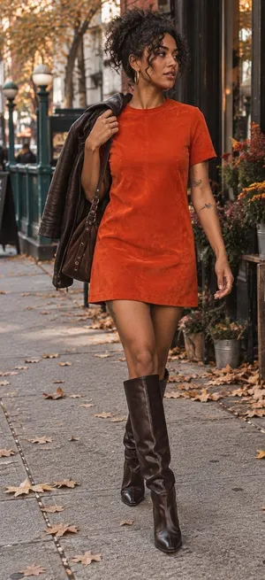 Zara Burnt Orange Faux Suede Mini Shift Dress 60s Mod Fall Medium thumbnail 1